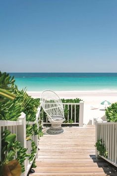 a wooden walkway leading to the beach with white railings and green plants on either side