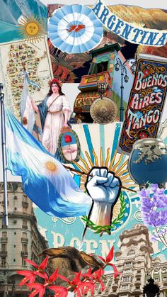 the collage is made up of many different pictures and words, including an image of a woman holding a flag