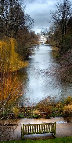 a park bench sitting on the side of a river