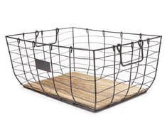 a metal basket with wooden cutting board in it on a white background for display purposes