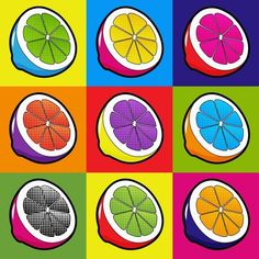 an image of fruit on different colored squares