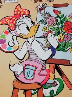 a cartoon duck painting flowers on an easel