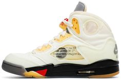 Made in collaboration with Virgil Abloh’s luxury streetwear label . the Off-White x Air Jordan 5 Retro SP ‘Sail’ represents the follow-up to the partner brands’ black AJ5 from early 2020. This pair makes use of a layered textile upper in a subtle cream finish . complete with circular cutouts on the midfoot . collar [...] Campus Adidas, Nike Air Jordan 5, Sneakers Vans, Jordan 5 Retro, Embroidery Shoes, Air Jordan 5 Retro, Streetwear Sneakers, Air Jordan 5, Jordan 11 Retro