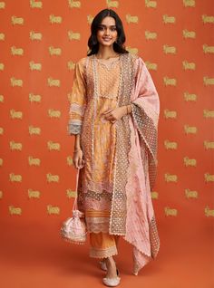 Mulmul Pima Satin Anchali Orange Kurta With Mulmul Pima Satin Anchali Shaadi Ka Ghar, Pink Dupatta, Zari Embroidery, Orange Pants, Straight Kurta, Gold Lace, Lace Border, Co Ord Set, Vibrant Orange