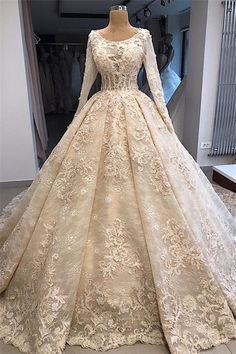 Classic Scoop Long Sleevess Appliques Ball Gown Wedding Dresses Champagne Ball Gown, Lace Wedding Dress With Sleeves, Applique Wedding Dress, Lace Dress With Sleeves, A Wedding Dress, Long Sleeve Wedding, Dresses Elegant, Applique Dress, Gown Wedding