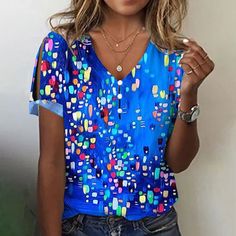 Women's Blue Polka Dots Print Top V-Neck Short Sleeve T-Shirts Light Blue V-neck T-shirt For Summer, Blue V-neck T-shirt For Summer, Blue V-neck T-shirt For Spring, Light Blue Printed V-neck Top, Blue V-neck T-shirt With Graphic Print, Blue Graphic Print Short Sleeve Blouse, Women's Spring Outfits, Face Shape Hairstyles, Cheap Clothing