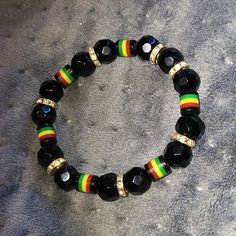 Black Red Yellow Green Men Bracelet, New, Stretchy Bracelet Handmade Black Crystal Bracelet, Casual Black Handmade Wristband, Black Bangle Stretch Bracelet Gift, Black Bangle Stretch Bracelet As Gift, Handmade Casual Black Bracelets, Casual Black Handmade Bracelets, Casual Handmade Black Bracelets, Handmade Black Stretch Bangle Bracelet, Adjustable Black Beaded Bracelet Bangle