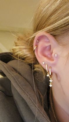 a close up of a person wearing some kind of ear piercings on their ears