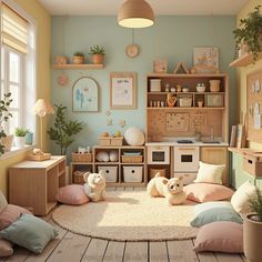 a child's room with stuffed animals on the floor