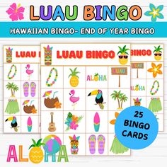 the luaui bingo game is shown with tropical themed items and words on it