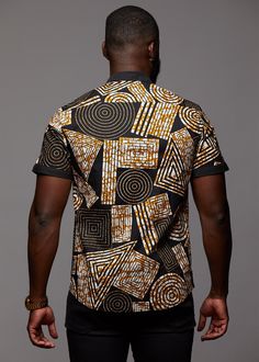 Style #M2023BBG Our unique Olu Button-Up in Black Brown Geometric is perfect for the modern man interested in looking stylish while incorporating African print. Description: 100% Cotton, African wax print with solid trimming inside collar, cuff, and top of chest pocket Designed in USA, Imported Care Instruction:Machine wash cold. Use mild detergent.Do not bleach. Hang to dry. Iron if needed Model's Information: Height: 6'0 | Size: M Black Cotton Tops With Geometric Pattern, Black Cotton Top With Geometric Pattern, Fitted Black Top With Geometric Pattern, Black Casual Shirt With Geometric Pattern, Casual Black Shirt With Geometric Pattern, Black Short Sleeve Tops With Geometric Pattern, Black Printed Shirt With Casual Collar, Modern Black Printed Tops, Kitenge Designs