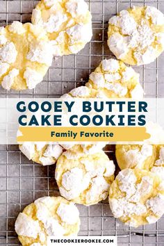 gooey butter cake cookies on a cooling rack with the words gooey butter cakes family favorite