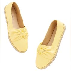 New Adorable Talbots Izzy Cinched Nappa Yellow Leather Espadrilles In Lemon Chiffon Yellow Leather Uppers With Cinched Bow Like Detail Rounded Toe Tan Jute Woven Braided Roping Around The Outer Sole Rubber Bottom Sole Memory Foam Footbed 0.5” Platform Sole New And Never Worn. There Are Tiny Holes Where The Jute Had Been Woven Through The Leather. See Photo. Size 9.5 Casual Yellow Flats With Round Toe, Casual Yellow Round Toe Flats, Yellow Slip-on Closed Toe Flats, Yellow Slip-on Flats For Summer, Yellow Slip-on Flats For Spring, Chic Yellow Flats For Spring, Casual Yellow Closed Toe Flats, Yellow Closed Toe Flats With Rubber Sole, Yellow Round Toe Espadrilles For Spring