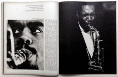 an open book with black and white photos of jazz musicians on it's pages