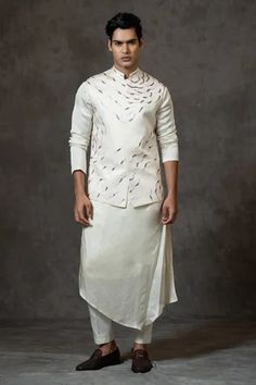 Shop for Paarsh Ivory Linen Satin Aari Embroidered Bundi Set for Men Online at Aza Fashions Sleeveless Kurta, Satin Pyjama, Pleated Drapes, Sequin Embroidery, Nehru Jackets, Sequins Embroidery, Fashion App, Cotton Pyjamas, Full Sleeves