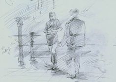 a pencil drawing of two people walking down the street, one is looking at his cell phone