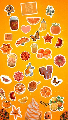 an orange background with many different stickers on it