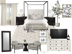 a bedroom with white furniture and accessories in black and white colors, including a canopy bed