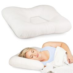 a woman laying on top of a white pillow next to an inflatable pillow