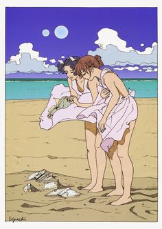 two women in bathing suits standing on the beach, one holding a fish and the other looking at it