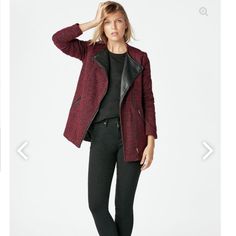 Just Fab Moto Style Jacket Burgundy Boucle With Black Faux Leather 80% Polyester / 20% Wool Nwt Size Xl Black Pants Outfit, Burgundy Jacket, Work Style, Moto Style, Fall Shopping, Work Fashion, Moto Jacket, Pants Outfit, Black Faux Leather