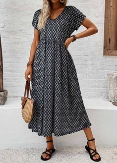 Cotton Blends Dress, U Neck, Table Sizes, Printed Sleeves, Sleeve Detail, Types Of Dresses, Geometric Print, Color Show, Dress Length