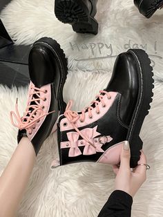 Women's Fashionable Boots Pink Bowknot & Thick Sole Ankle Boots, Suitable For Dope Fashion Style, Black & Pink Pink         Women Shoes, size features are:Bust: ,Length: ,Sleeve Length: Moda Dope, Pink Combat Boots, Bow Boots, Pink Boots, Shoe Pattern, Dope Fashion, Boots Women Fashion, Motorcycle Boots, Thick Heels