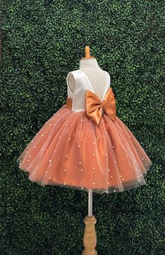 Our enchanting Knee Length flower girl dresses are sure to turn heads! This beautiful elegant sophisticated dress is handmade, the bodice consists of IVORY Bridal Satin with a sowed in sash at the waist, the back of the dress consists of an open V-back with a hidden zipper. The big bow is detachable. The skirt consists of 4 Burnt Orange layers of tulle with the top layer being IVORY followed by IVORY pearl beads. The fifth layer is made of lining with crinoline for fullness.  This dress is perfe Dinner Photoshoot, Elegant Fall Wedding, Kids Party Wear, Baby Ball, Kids Dress Wear, Birthday Flower, Elegant Sophisticated, Elegant Fall, Ivory Bridal