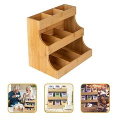 three wooden shelves with pictures on them and two people looking at the items in front