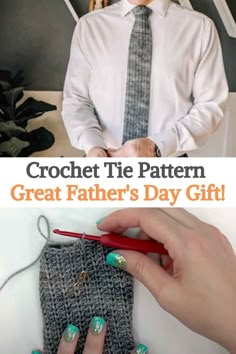 a man in a white shirt and tie is making a crochet tie pattern