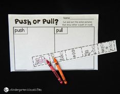 a push or pull activity with two crayons next to it