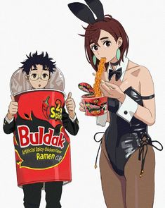 two anime characters are eating some food and one is holding a bag of ramen