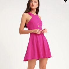 Lulus So Sophisticated Magenta Criss Cross Cut Out Skater Dress Size Medium Nwt Lined Stretch Spring Formal Mini Dress With Cutout, Cute Pink Outfits, Black Plain Dress, Dresses Lulus, Magenta Dress, Pink Cocktail Dress, Lulus Dresses, Hot Pink Dresses, Lulu Dresses