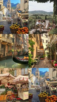 a collage of pictures with boats and buildings