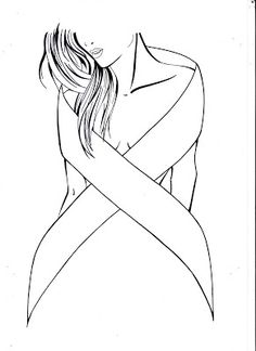 a black and white drawing of a woman with a ribbon around her neck