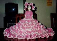 there is a cake made to look like a woman in a pink dress