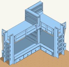 a blue bunk bed sitting on top of a wooden floor next to an open drawer