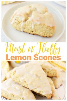 lemon scones with frosting on top and the words, most u - puffy lemon scones