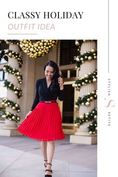 Looking for a classy chic outfit inspiration for the holidays? Check out this timeless classy look that’s perfect for a holiday party. A gorgeous red pleated skirt and black wrap top is perfectly paired with a bow belt! Follow for more holiday outfit inspiration! Holiday Outfit Inspiration, Black Wrap Top, Red Pleated Skirt, Chic Outfits Classy, Party Aesthetic