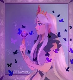 a woman with long white hair holding a purple object in her hand and butterflies around her