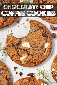 chocolate chip coffee cookies on a white surface with text overlay that reads, chocolate chip coffee cookies