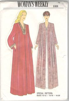 Women Weekly B808, Misses Dressing Gown Caftan pattern has v neck yoke and is tucked and pleated. Long sleeves. Size: 10/12 & 14/16 & 18/20 This pattern is uncut and factory folded. The envelope has tattering. See images above for additional pattern details. ★ ★ ★ ★ ★ ★ ★ ★ ★ ★ ★ ★ ★ ★ ★ ★ ★ Click below to view more patterns in my shop: http://www.etsy.com/shop/mbchills Vintage Dressing Gown Robe, 60s Maternity Floor Length Dress, Floor Length Robe Pattern, Dressing Gown Dress, Dressing Gown Pattern, 1970s Sewing Patterns, Kimono Dressing Gown, 1970s Dress, Dressing Gown Robe