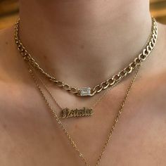 Pair this necklace with a few other dainty necklaces or chains for a stunning layered look. Nameplate height: 6 - 7 mm dependent on letter/uppercase/letter Length: adjustable 16" - 18" Maximum of 9 letters Available in 14K gold, 14K white gold and 14K rose gold Production requires 6-8 weeks. Please note, custom orders are final sale. Rose Gold Adjustable Name Necklace, Rose Gold Nameplate Necklace With Adjustable Chain, 14k Rose Gold Necklace With Curb Chain, Rose Gold 14k Gold Adjustable Name Necklace, Nameplate Necklace Gold, Dainty Necklaces, Nameplate Necklace, Uppercase Letters, Upper Case