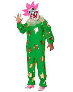 a person in a green clown costume standing with his hands out and wearing pink shoes