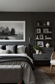 a bedroom with dark gray walls and white bedding