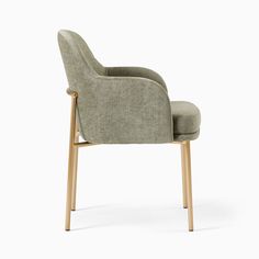 an upholstered chair with wooden legs and a light green fabric seat, viewed from the front