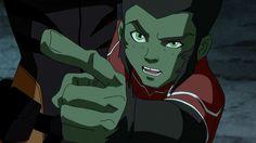 an animated image of a man pointing to the right with green eyes and black hair