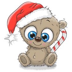 a brown teddy bear wearing a santa hat and holding a candy cane in its paws