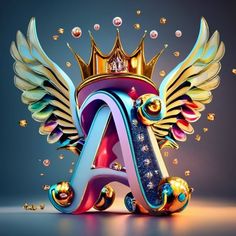 the letter a with wings and a crown on top is surrounded by gold, blue, and pink balls