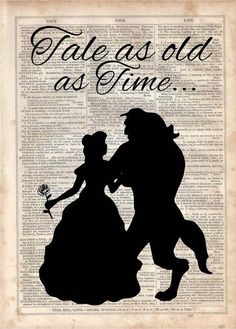 an old book page with the silhouette of a man and woman holding each other's hand